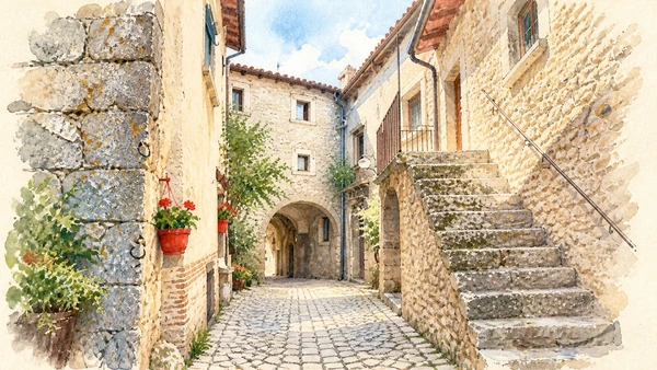 Watercolour: An arched stone passage among the houses of Santo Stefano di Sessanio.