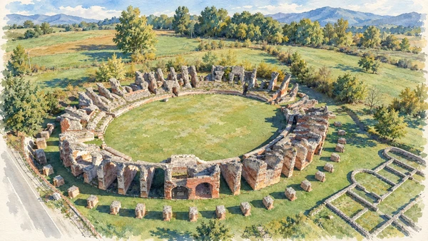 Watercolour: An elevated view of Amiternum’s oval amphitheatre and its ruined perimeter.