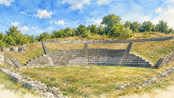 Watercolour: The surviving stepped seating of Amiternum’s Roman theatre.