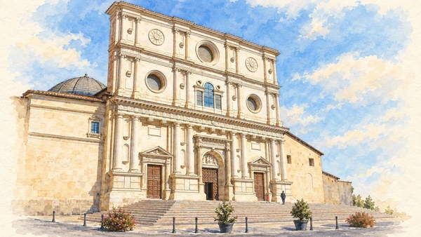 Watercolour: The three classical tiers of San Bernardino’s pale stone facade.