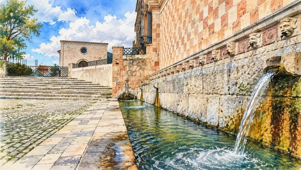 Watercolour: Carved spouts and patterned masonry along the Fontana delle 99 Cannelle.