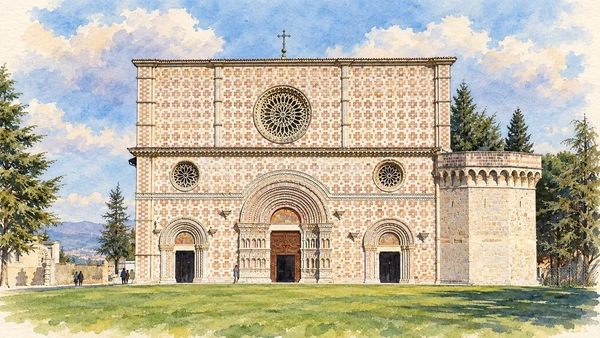 Watercolour: Collemaggio’s broad pink-and-white facade, three rose windows and low tower beside its lawn.