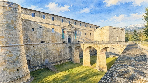 Watercolour: The Spanish Castle’s stone bridge crossing the moat towards its entrance.