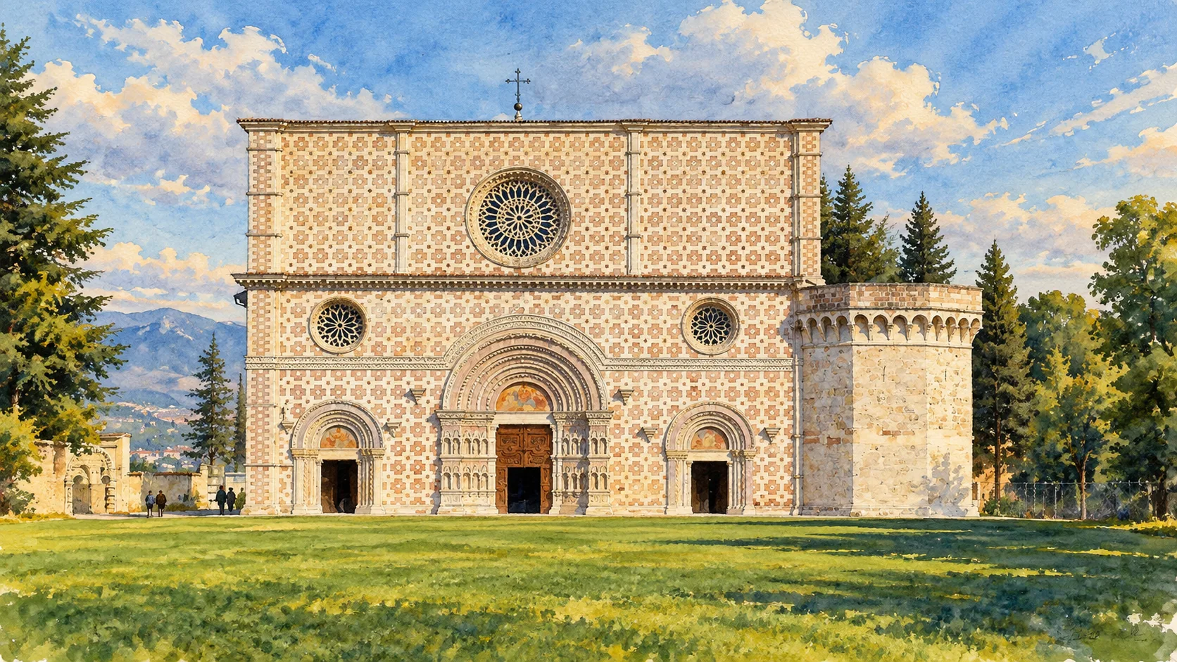Watercolour: Collemaggio’s broad pink-and-white facade, three rose windows and low tower beside its lawn.
