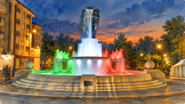 Watercolour: The sculptural Fontana Luminosa and its illuminated stepped basins at dusk.