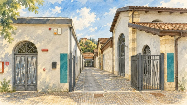 Watercolour: The former slaughterhouse buildings in Borgo Rivera, which housed MuNDA’s temporary museum from 2015.