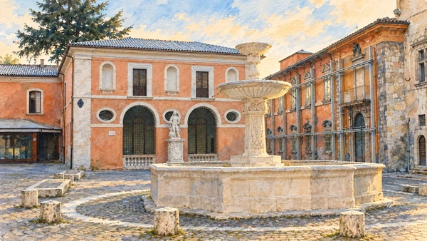 Watercolour: Palazzetto dei Nobili behind the fountain in Piazza Santa Margherita.