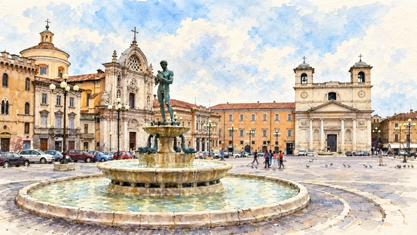 Watercolour: Piazza Duomo, with the fountain, Santa Maria del Suffragio and the cathedral frontage.