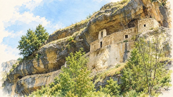 Watercolour: San Bartolomeo in Legio’s small built shelter beneath its broad rock overhang.