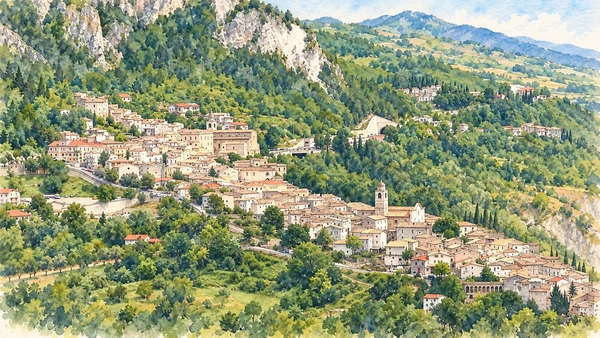 Watercolour: Caramanico Terme’s compact buildings on the wooded mountain slope.