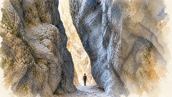 Watercolour: The narrow limestone entrance to the Gole di San Martino.