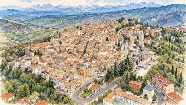 Watercolour: An elevated view across Guardiagrele’s roofs and surrounding countryside.