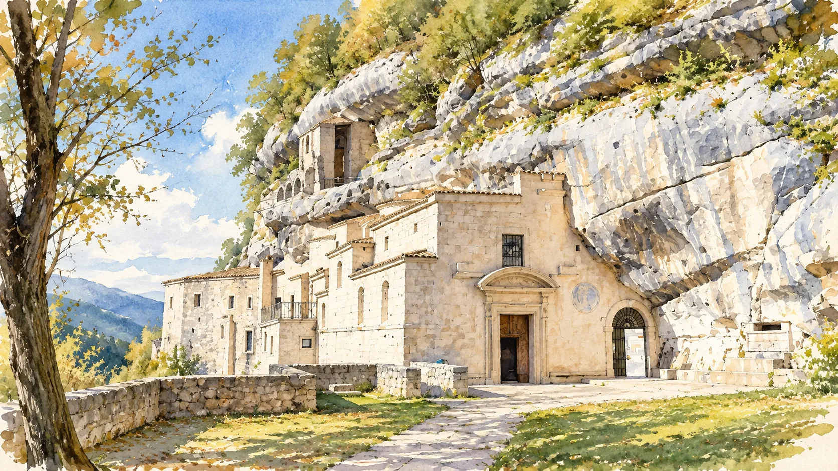 Watercolour: The church and buildings of Santo Spirito a Maiella against the cliff.