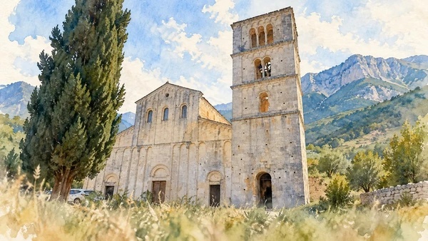 Watercolour: The Romanesque facade and square bell tower of San Liberatore a Maiella.