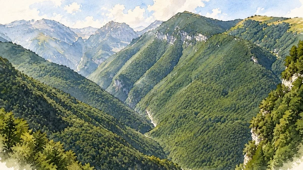 Watercolour: The wooded Orfento valley between steep mountain sides.