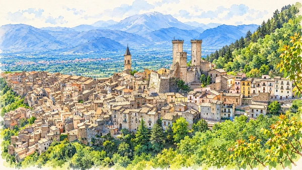 Watercolour: Pacentro’s castle towers above the clustered village roofs.