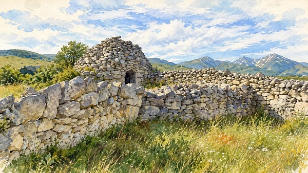 Watercolour: Dry-stone pastoral huts in the countryside around Roccamorice.