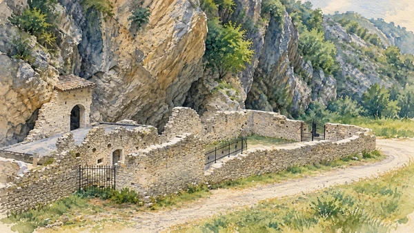 Watercolour: The exposed monastic remains of San Martino in Valle beneath the gorge walls.
