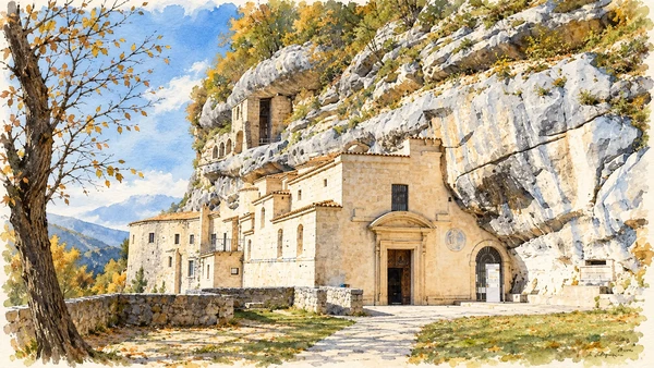 Watercolour: The church and buildings of Santo Spirito a Maiella against the cliff.