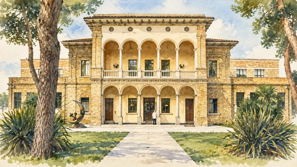 Watercolour: The two-tiered entrance facade and arches of Aurum in the Pineta district.