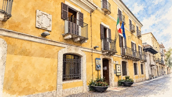 Watercolour: The yellow street facade of Gabriele d’Annunzio’s birthplace.
