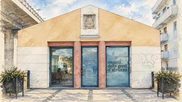 Watercolour: The entrance to Museo delle Genti d’Abruzzo in the older town.