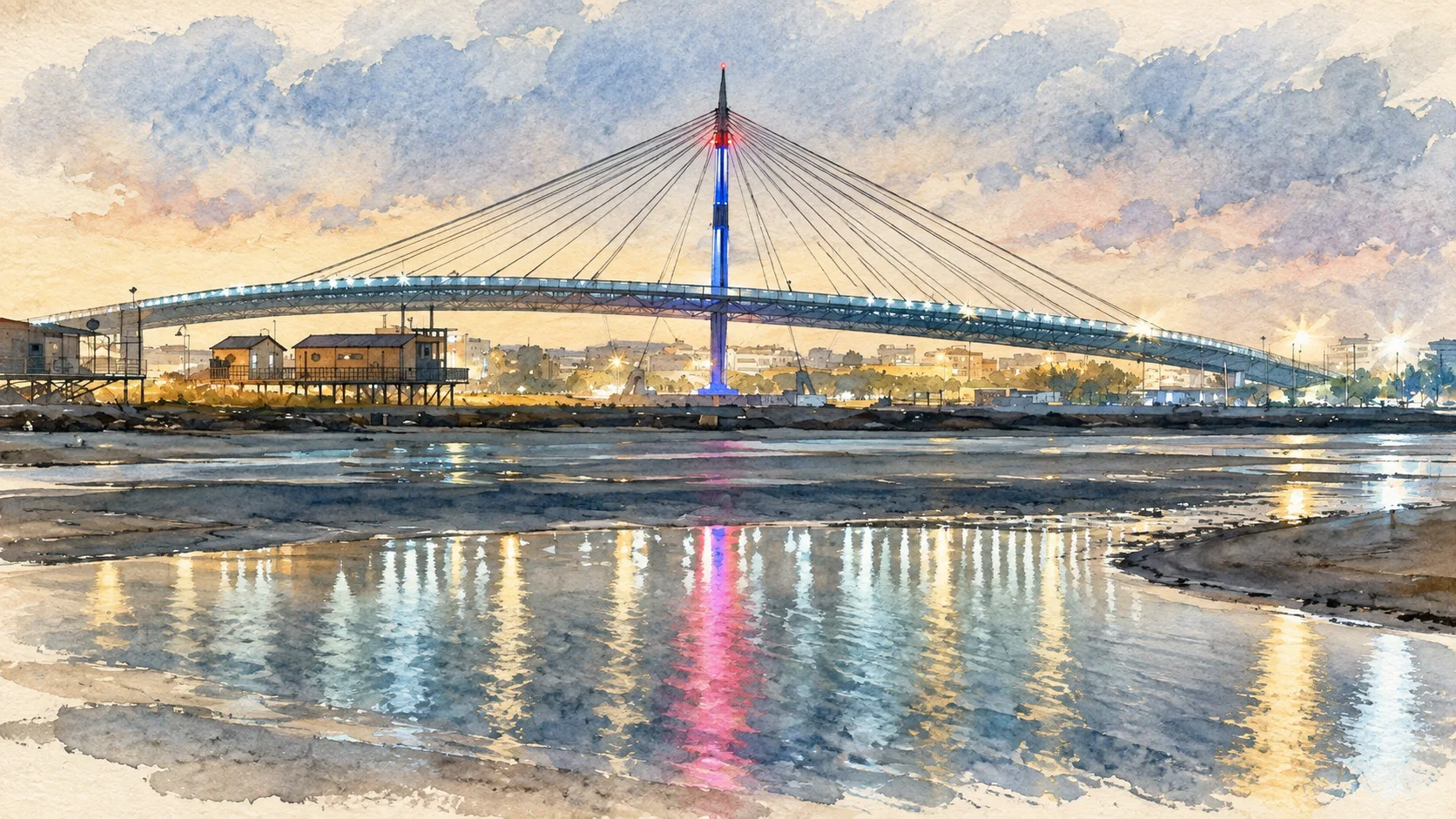 Watercolour: Ponte del Mare’s curved crossing and single inclined pylon above the river mouth.