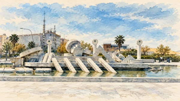 Watercolour: The abstract stone hull and sculpted masses of La Nave on Pescara’s seafront.