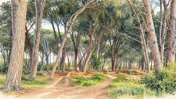 Watercolour: Pine trunks, undergrowth and shade in the Pineta Dannunziana.
