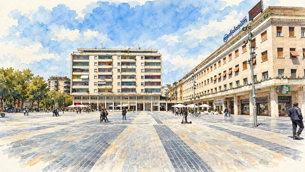 Watercolour: The open paving and contemporary urban edges of Piazza della Rinascita.