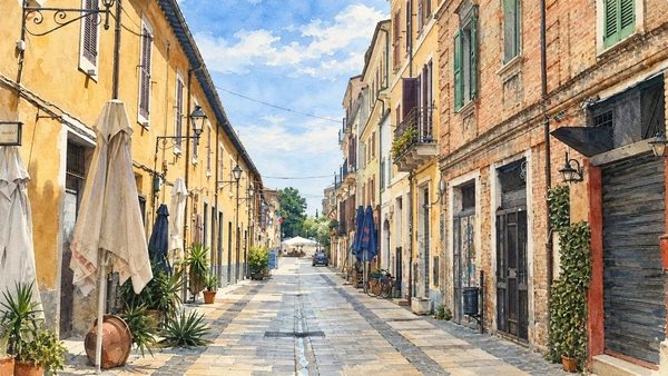 Watercolour: The low shopfronts and houses along Corso Manthonè in Pescara Vecchia.
