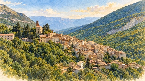 Watercolour: Anversa degli Abruzzi’s houses on a slope above the Sagittario valley.