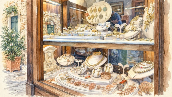 Watercolour: Traditional gold jewellery and presentosa pendants displayed in a Scanno shop window.