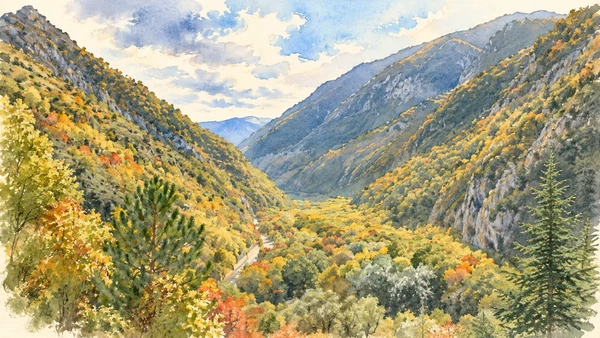 Watercolour: Wooded slopes and exposed limestone in the Gole del Sagittario reserve.