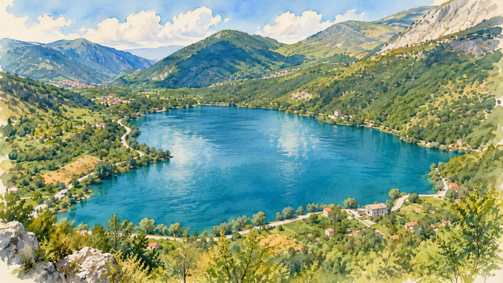 Watercolour: Lake Scanno within its wooded mountain basin.