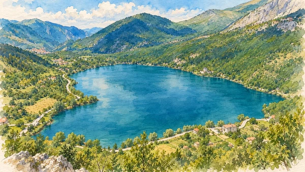 Watercolour: Lake Scanno within its wooded mountain basin.