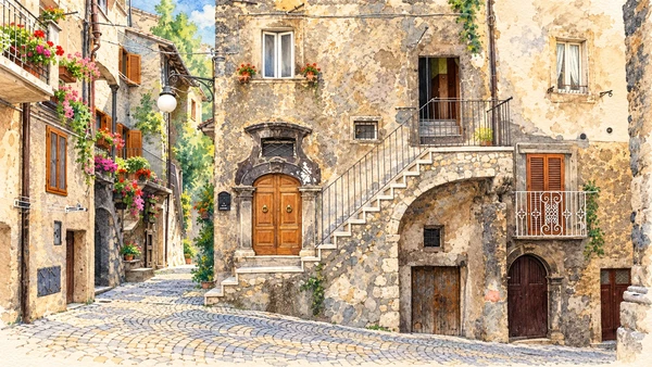 Watercolour: External stairs, arched supports and closely grouped doorways in Scanno’s old town.