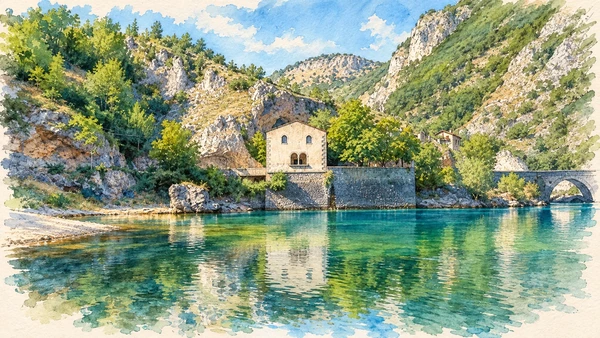 Watercolour: The hermitage of San Domenico beside the green reservoir and stone bridge.