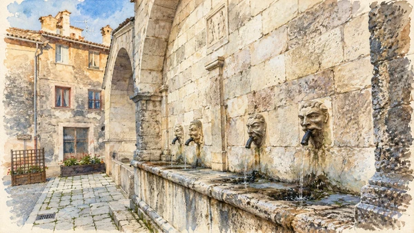 Watercolour: The four carved spouts, long basin and arched recesses of Fontana Sarracco.