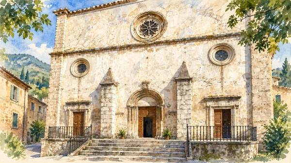 Watercolour: The portals and circular windows of Santa Maria della Valle’s facade.