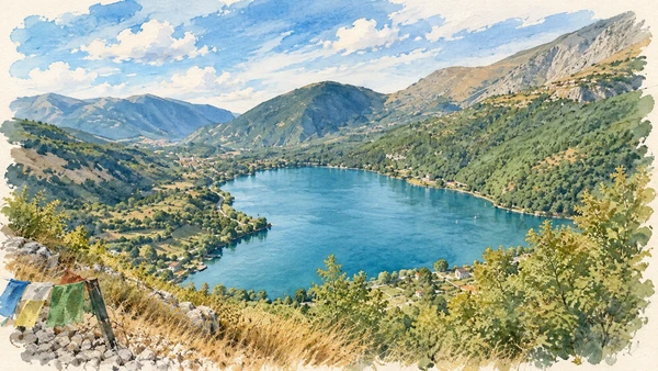 Watercolour: Lake Scanno seen from a rocky elevated viewpoint, where the foreground partly conceals the shoreline.