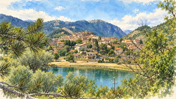 Watercolour: Villalago’s houses above the small Lago Pio.
