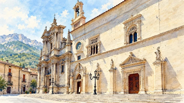 Watercolour: The richly worked facade of the Annunziata complex on Sulmona’s central street.