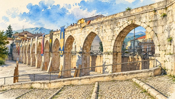 Watercolour: The medieval aqueduct’s stone arches along Piazza Garibaldi.