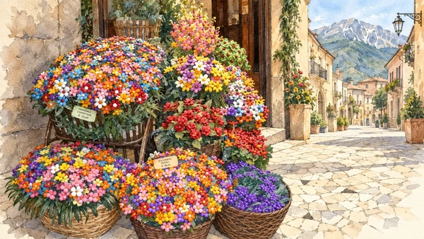 Watercolour: Colourful flower-shaped arrangements of Sulmona confetti.