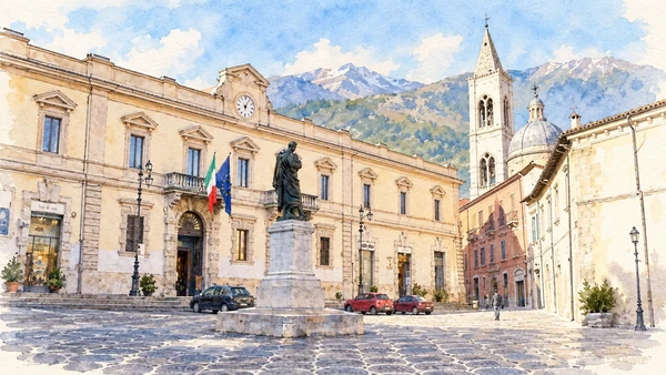 Watercolour: The statue of Ovid in Piazza XX Settembre beside the Corso Ovidio route.