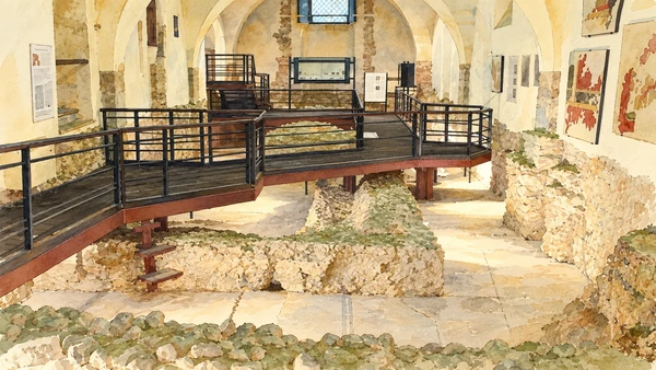 Watercolour: The excavated Domus beneath the Annunziata complex, seen from its modern visitor walkway.