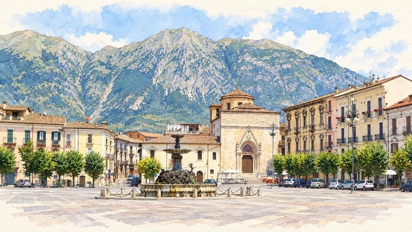Watercolour: Piazza Garibaldi’s fountain, surrounding buildings and mountain backdrop.