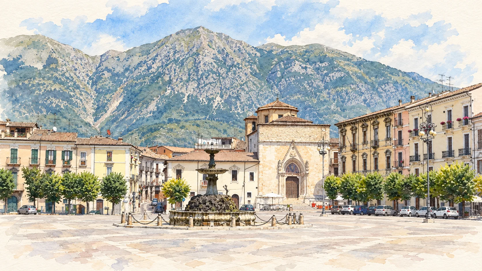 Watercolour: Piazza Garibaldi’s fountain, surrounding buildings and mountain backdrop.