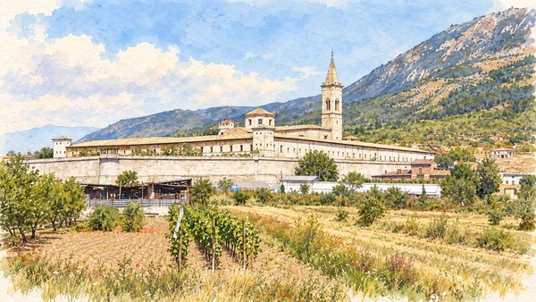 Watercolour: The extensive abbey buildings of Santo Spirito al Morrone outside Sulmona.